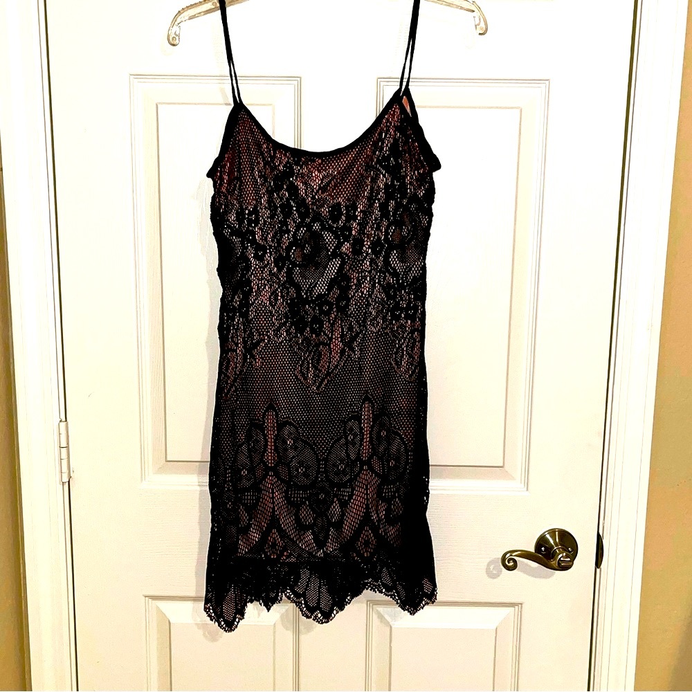 Beautiful Dress Black Lace with Sequins & Pink Silk Underlining